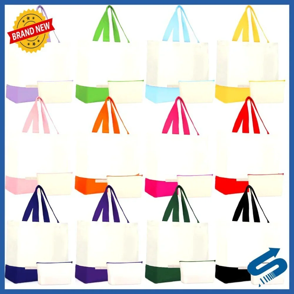 Reusable Canvas Tote Bags Bulk Set with Zipper Cosmetic Pouches Eco-Friendly